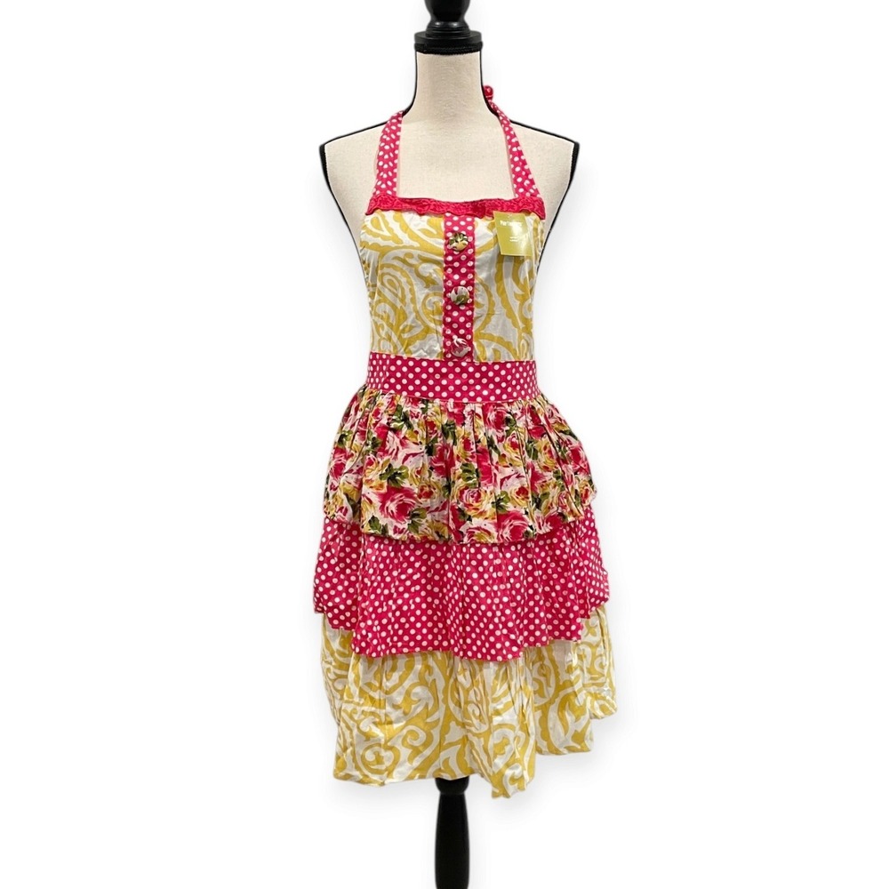 Pier 1 Imports Pink Yellow Bouquet Button Pinafore Apron Polk Dot Tiered Cotton